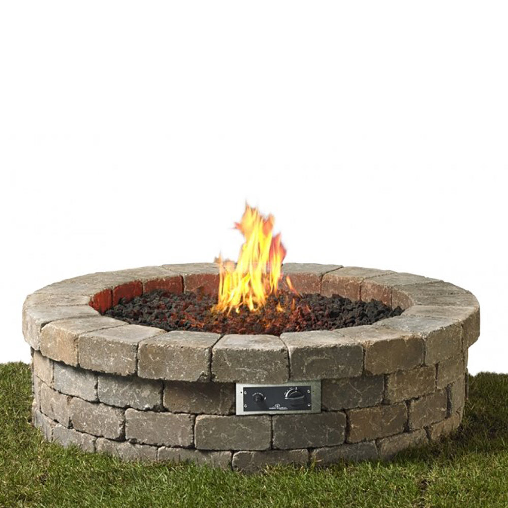 Round stone gas fire pit with open flame and control panel