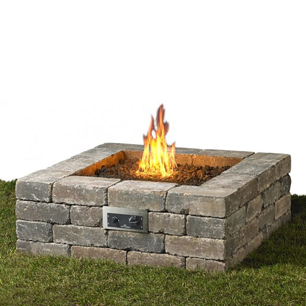 Square stone gas fire pit with open flame and front control panel