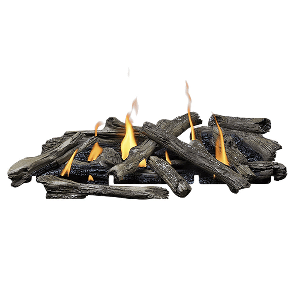 Driftwood log set with glowing flames