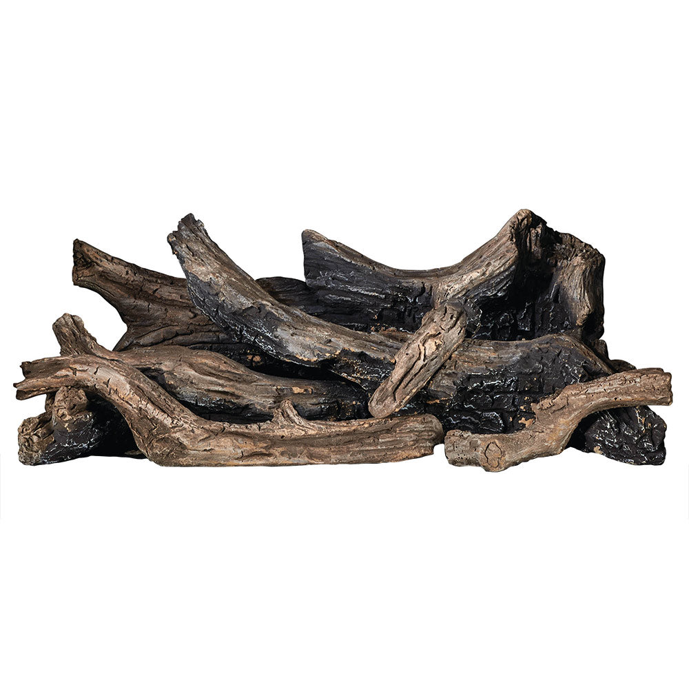Driftwood log set for gas fireplace insert with dark black and brown faux logs