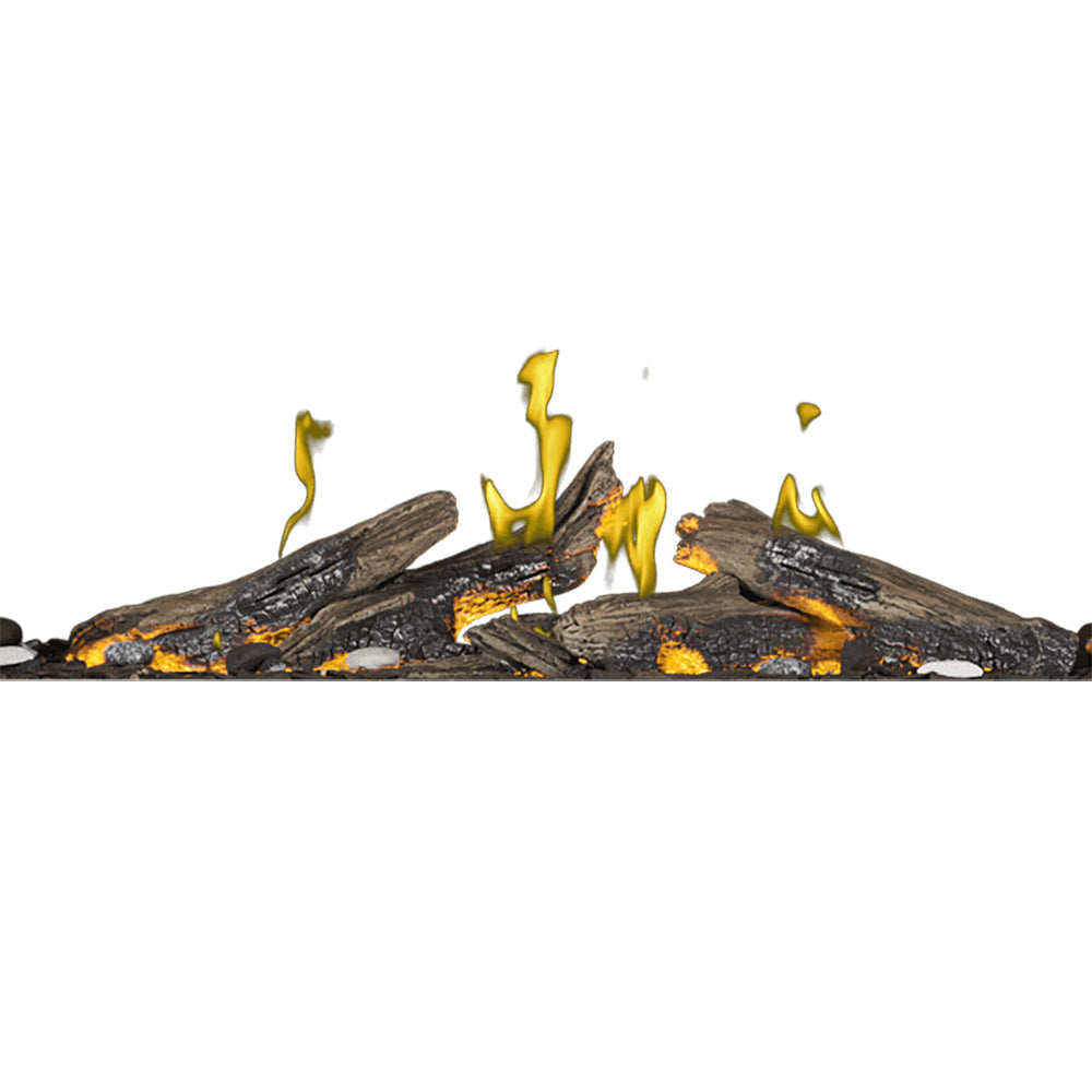Gas fireplace log kit with dark driftwood logs and small yellow flames