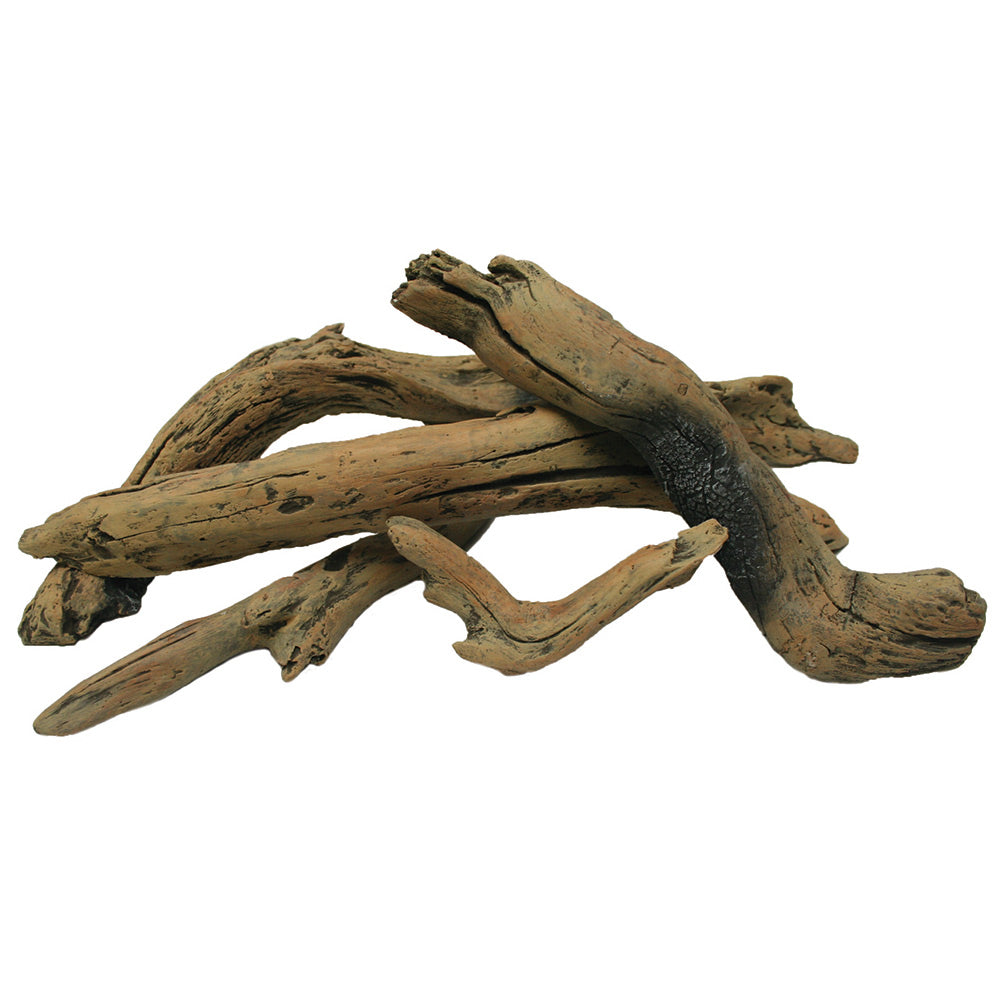 Decorative driftwood log set, dark tan weathered logs with curved pieces