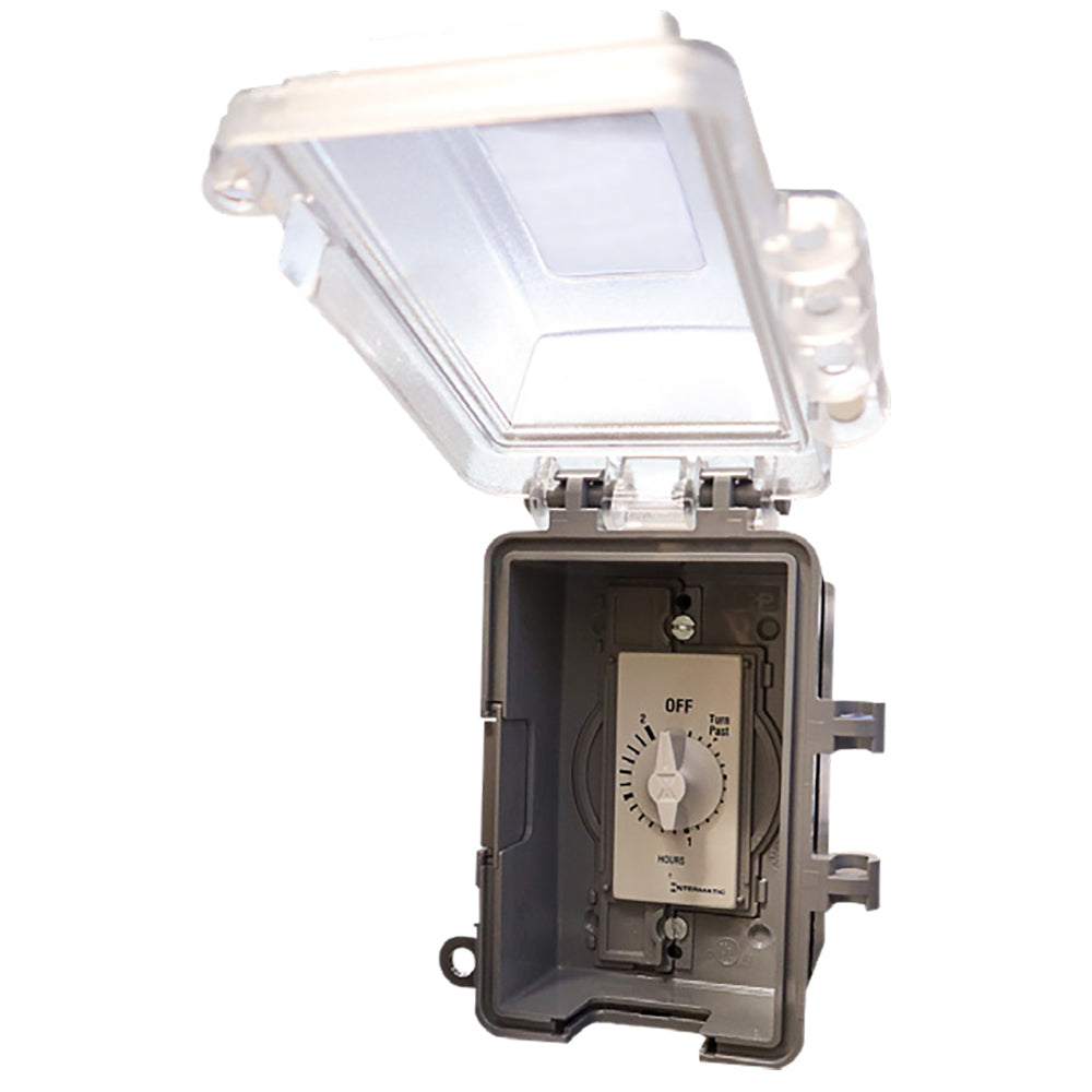 Outdoor dial timer enclosure with open front showing OFF switch and 2-hour dial