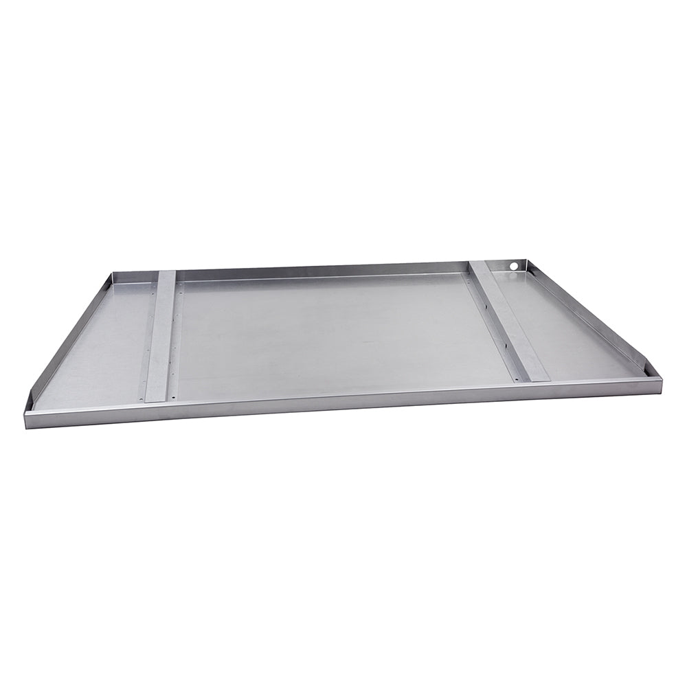Stainless steel drain tray with raised edges and angled supports