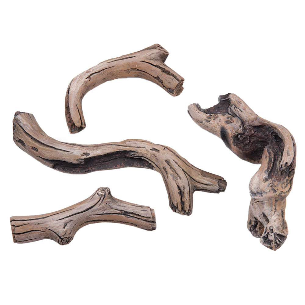 Decorative driftwood log set with weathered dark brown curved pieces