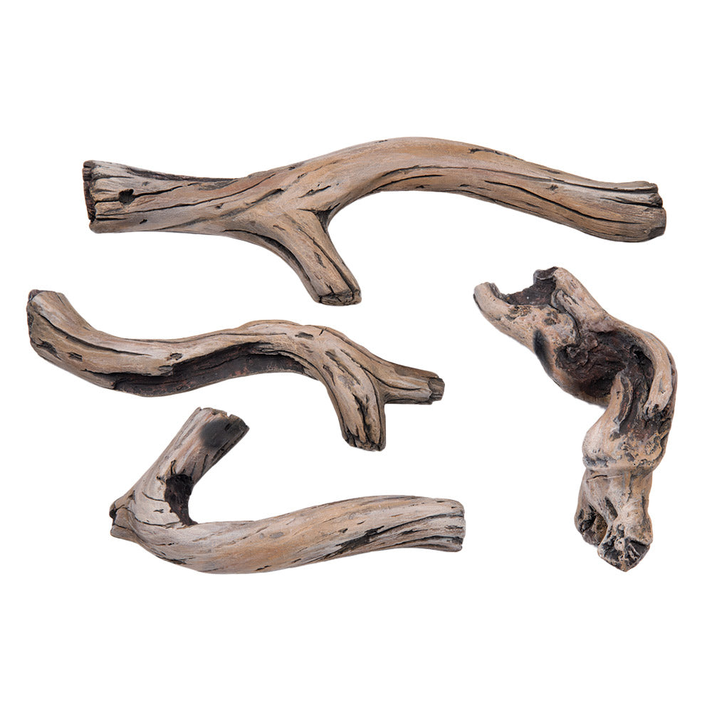Decorative driftwood log set with weathered brown and gray curved pieces