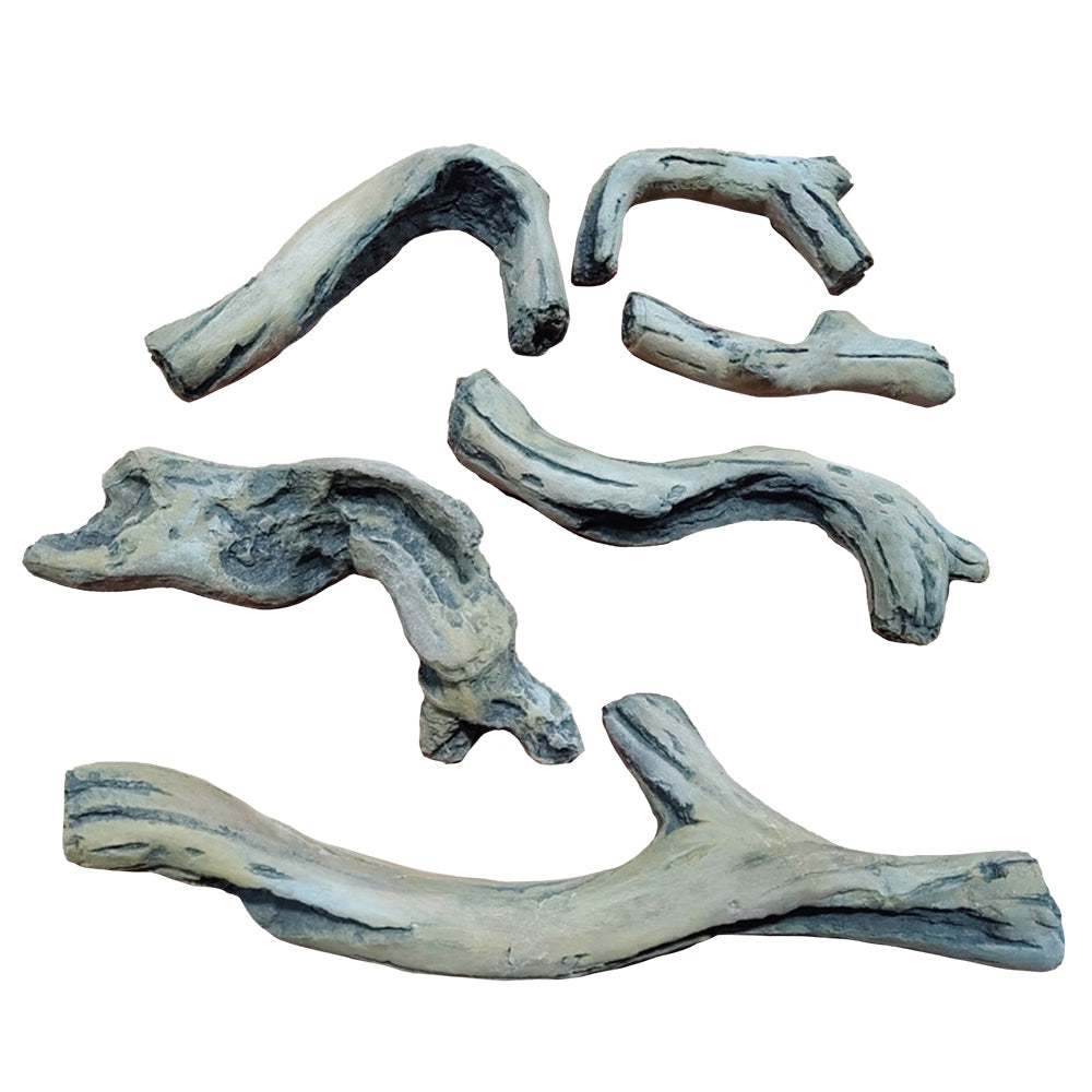 Decorative driftwood log set, light gray with blue-gray accents, curved and textured pieces