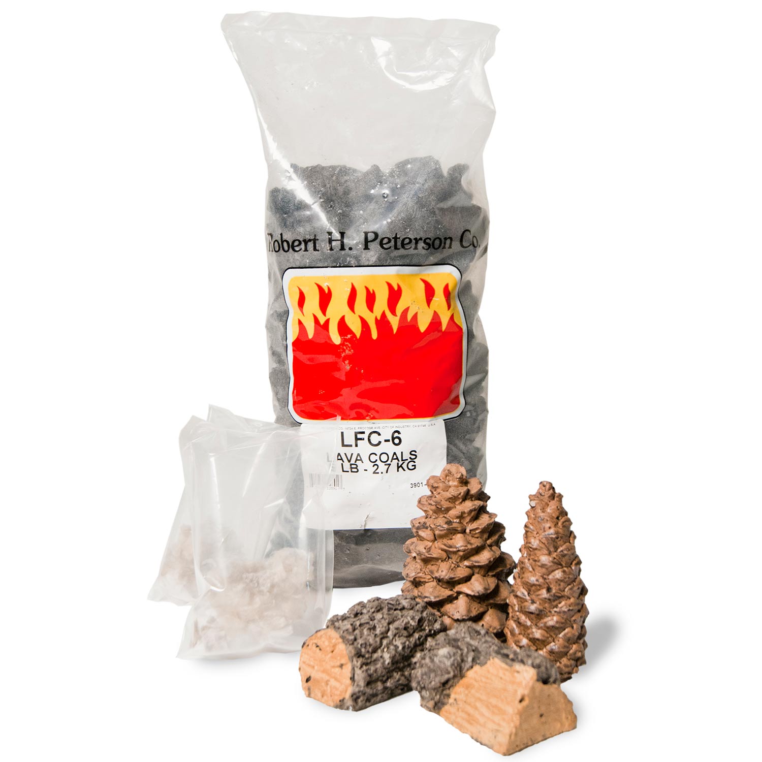 Gas fire decor pack contents: dark coals, wood chunks, pine cones in plastic bag