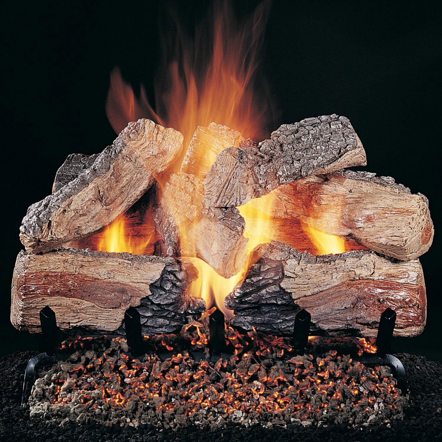 Gas fireplace logs with glowing embers and visible orange flames