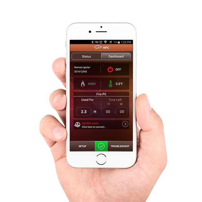 Smartphone showing remote ignition app status for outdoor gas fireplace burner