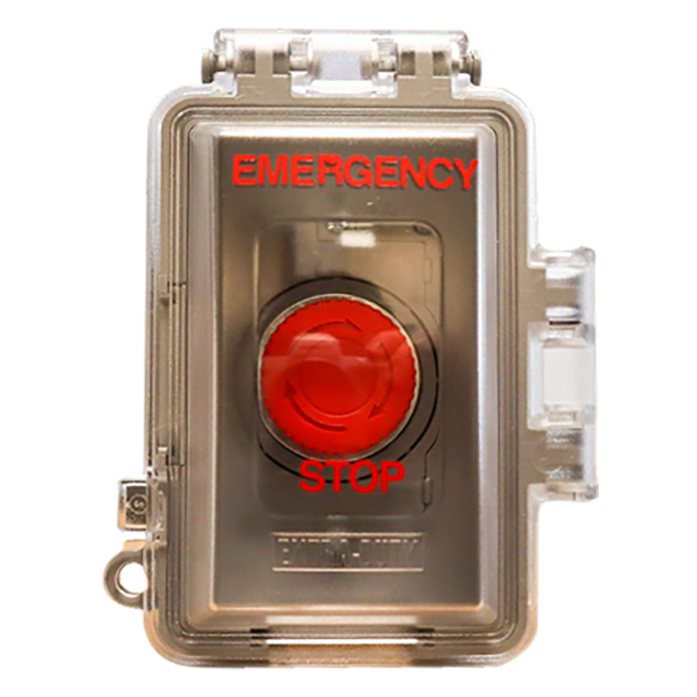 Emergency stop push button in clear housing with red STOP button