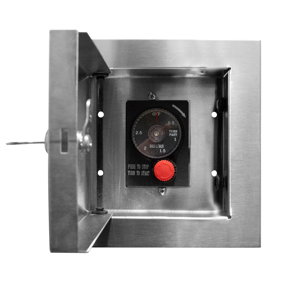 Stainless steel locking cabinet with open door and control panel with red knob and timer dial