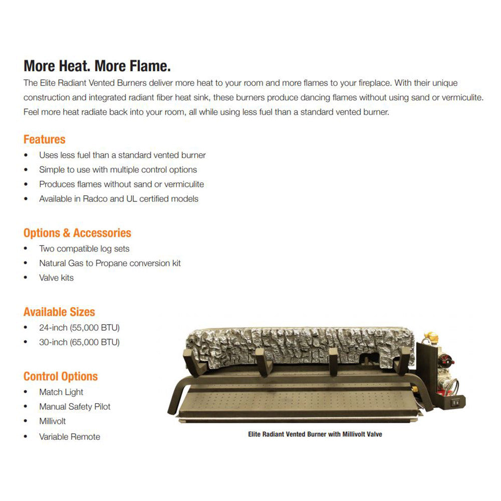Gas burner unit with vented radiant plate and side control valve, shown on info sheet