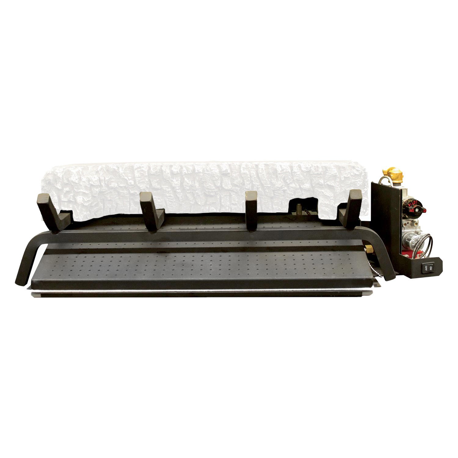 Vented gas burner with radiant tray, igniter knob, and control valve on base