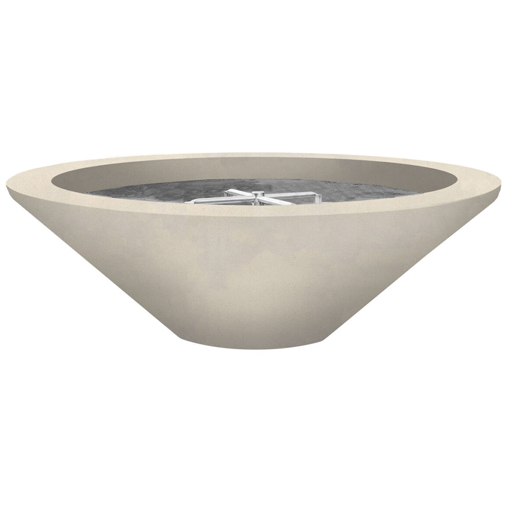 Beige concrete gas fire pit bowl with central burner grate