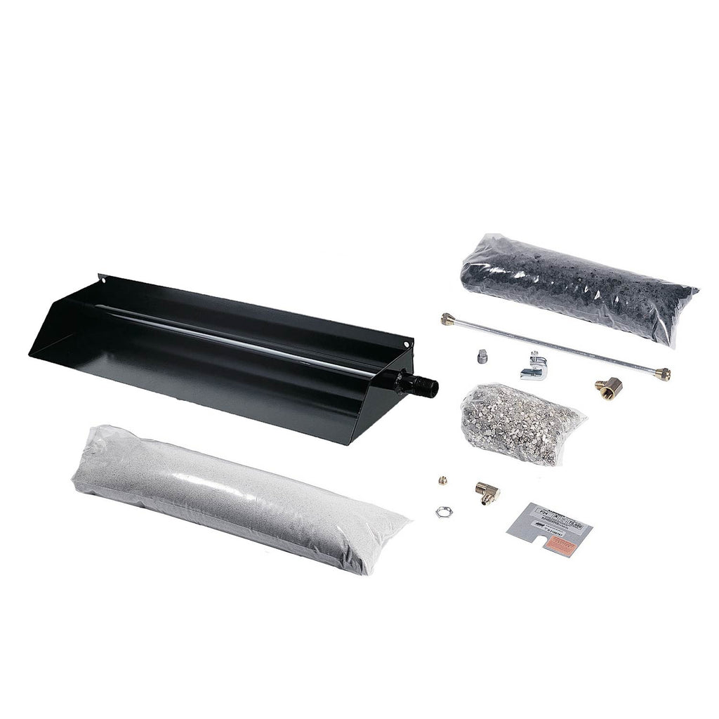 Vented fireplace burner kit with black burner tray, hardware and insulation pads