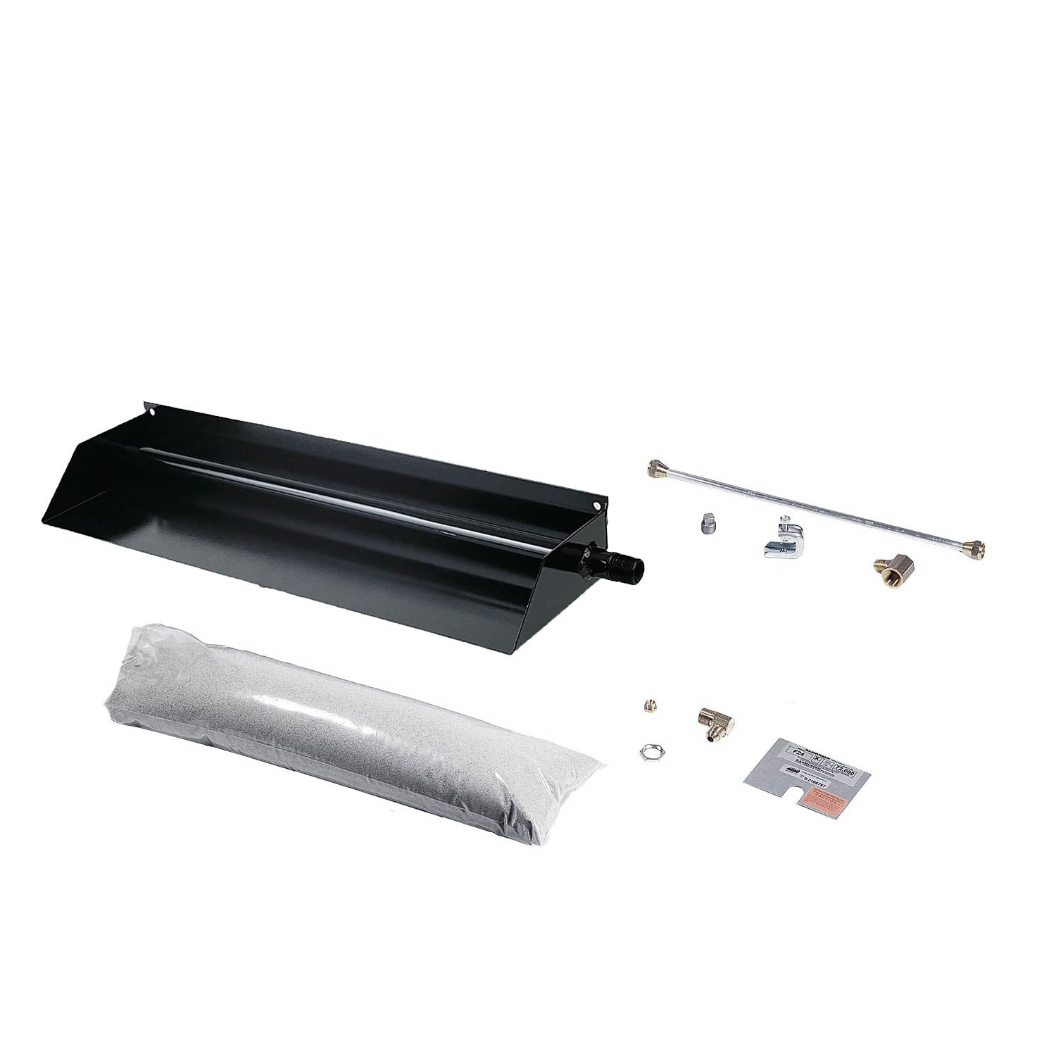 Vented fireplace burner kit with black burner tray and included connection hardware