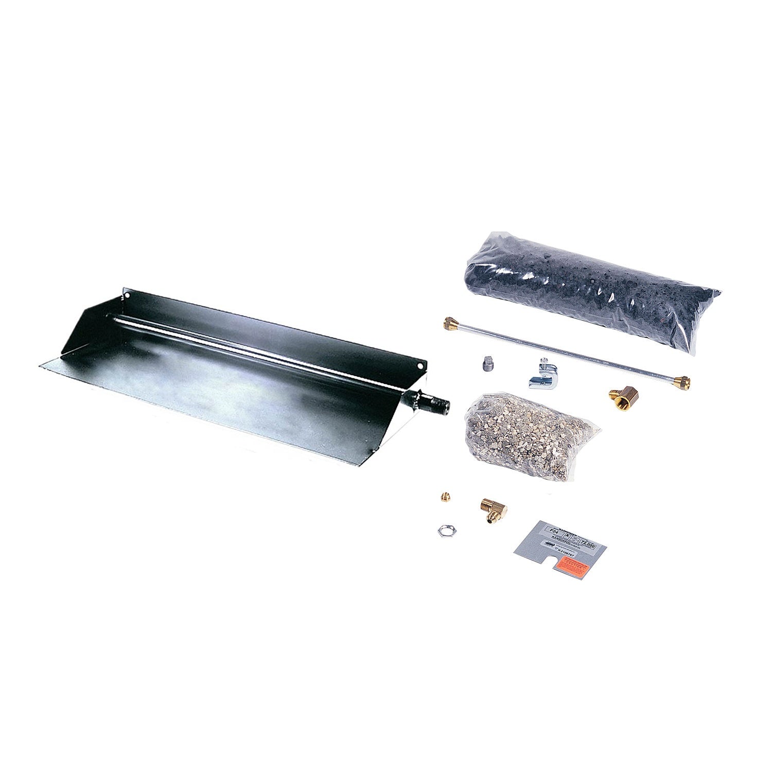 Fireplace burner kit parts set with vented metal tray, flex tube, hardware and instructions