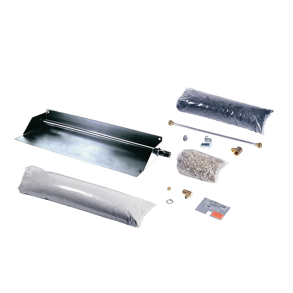 Vented fireplace burner kit: metal burner tray, tube, gas fittings, instruction label