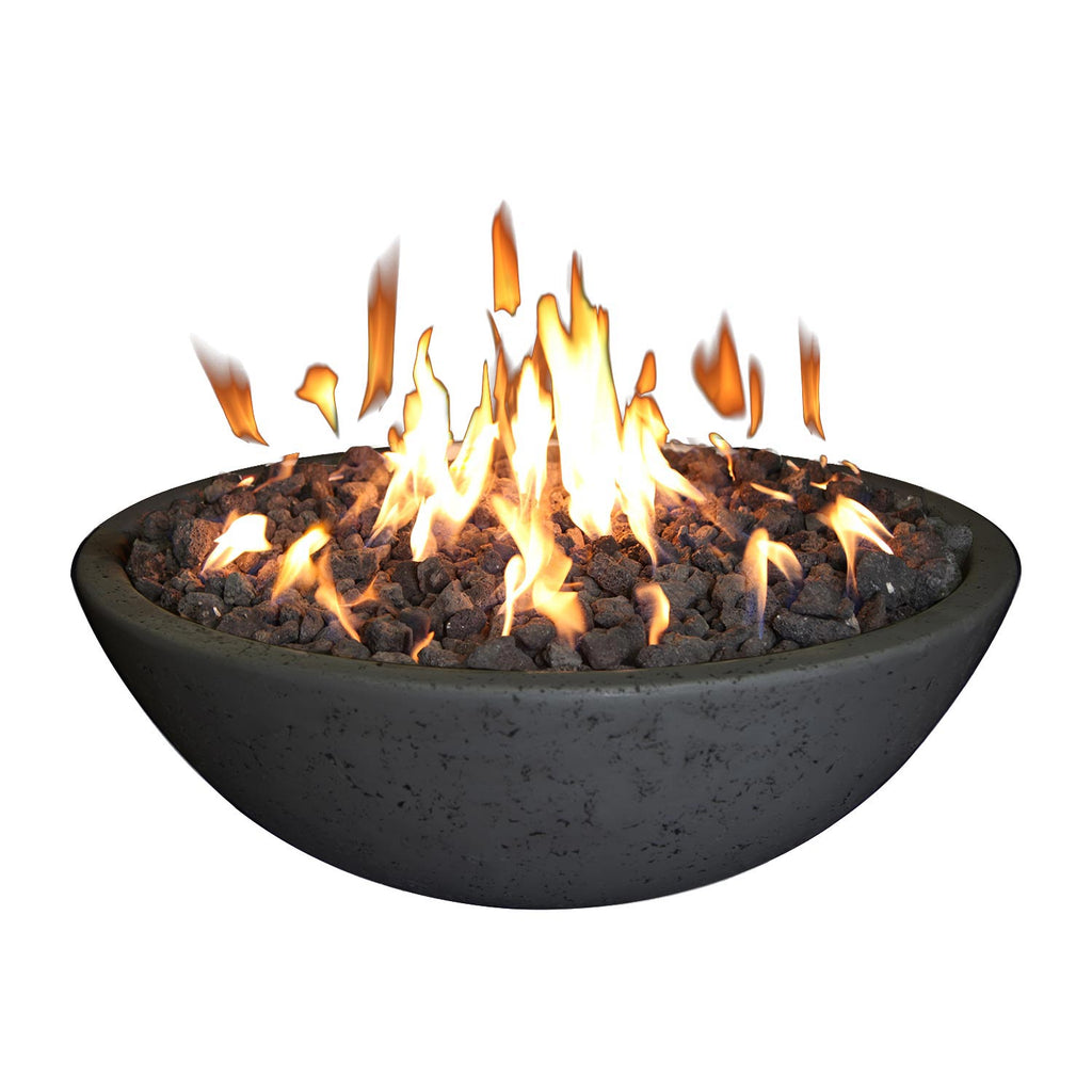 Gray concrete fire bowl with burning flames over dark lava rocks