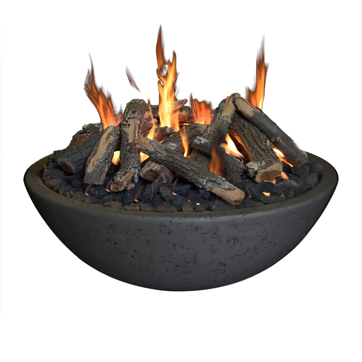 Gray concrete fire bowl with burning flames and dark logs over lava rocks