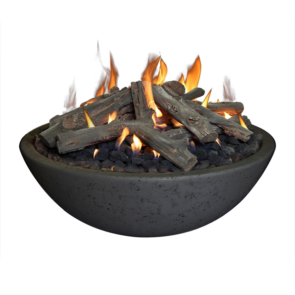 Round dark gray concrete fire bowl with ring burner, burning logs and flames.