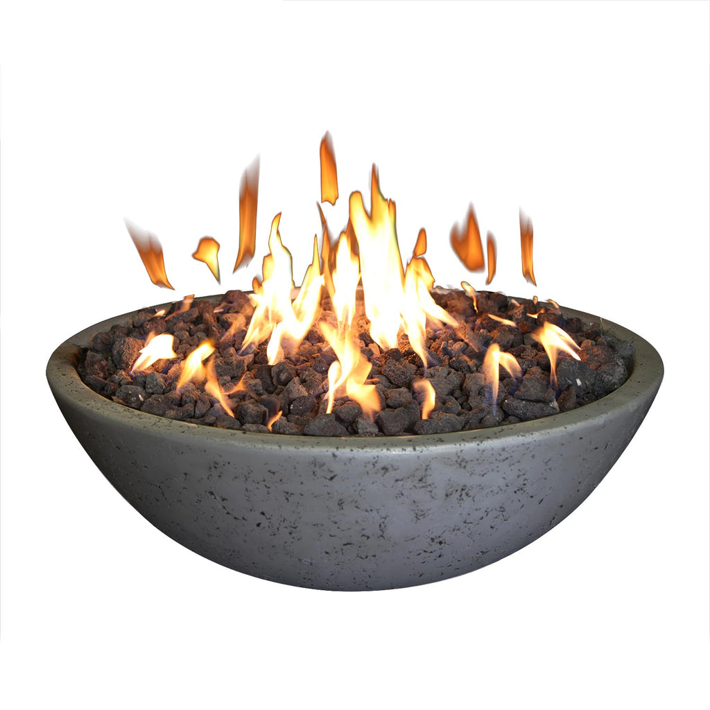 Concrete fire bowl with ring burner, gray basin with bright flames over coals