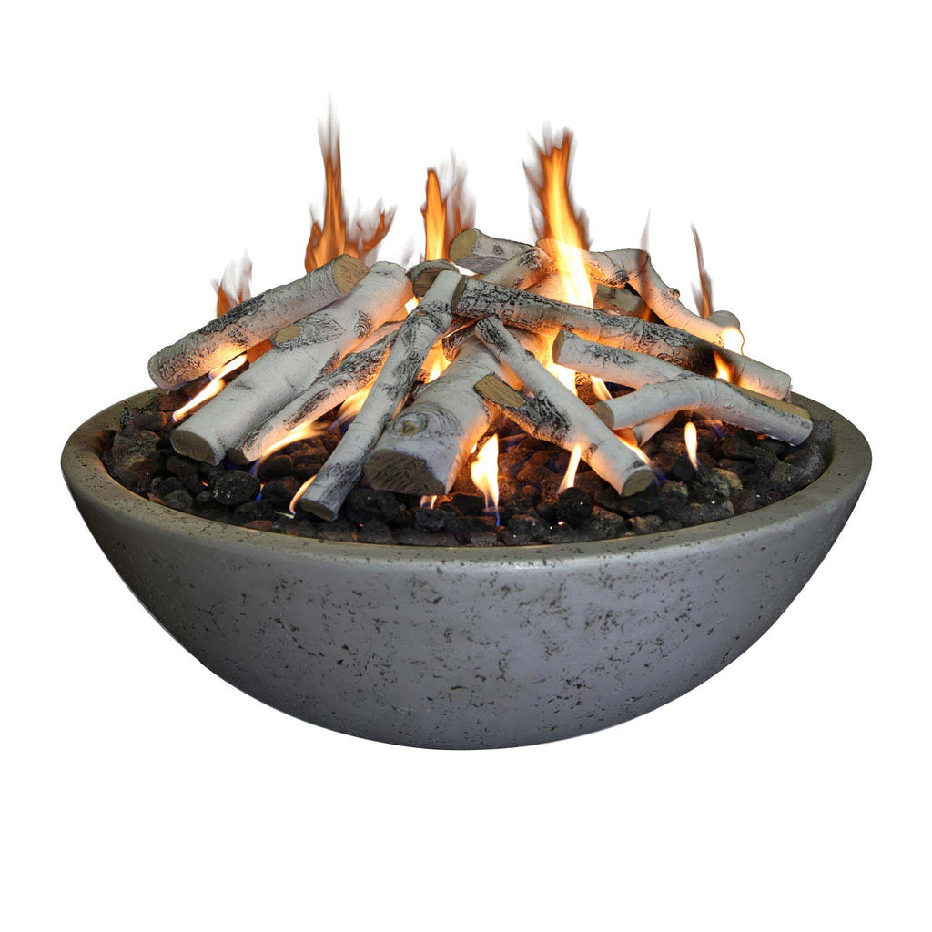 Gray concrete fire bowl with burning flames and log arrangement over lava rocks