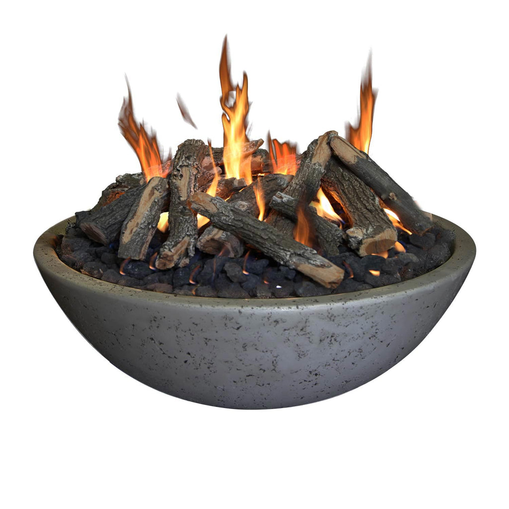 Dark gray concrete fire bowl with ring burner, burning logs with visible flames.