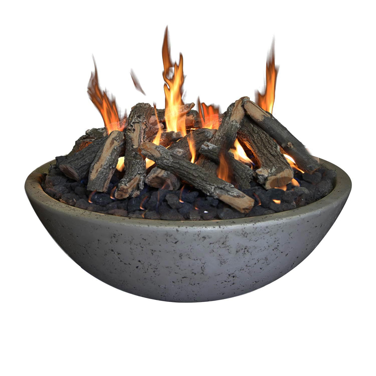 Dark gray concrete fire bowl with ring burner, burning logs with visible flames.