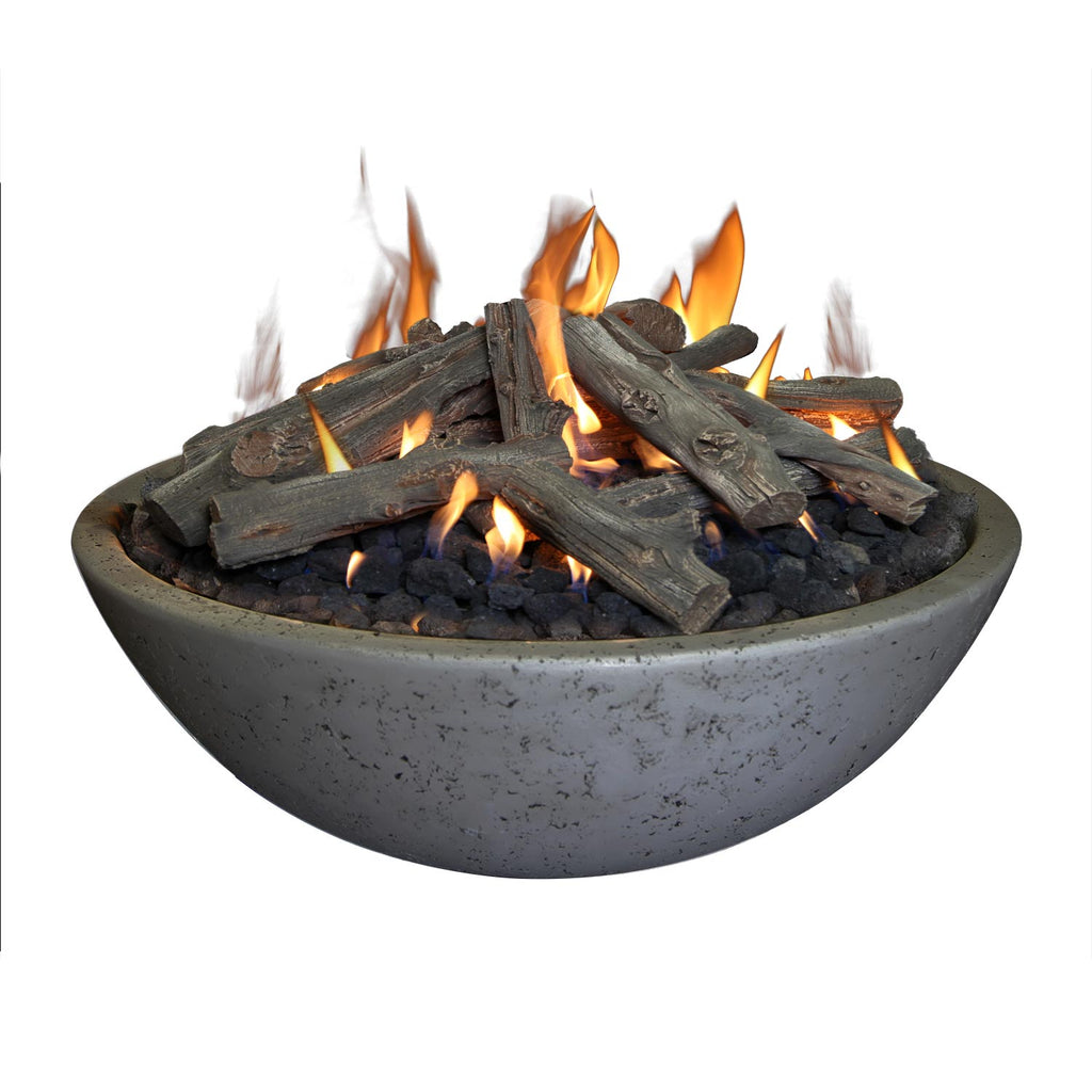 Concrete fire bowl with ring burner, glowing coals and wood logs with flames.