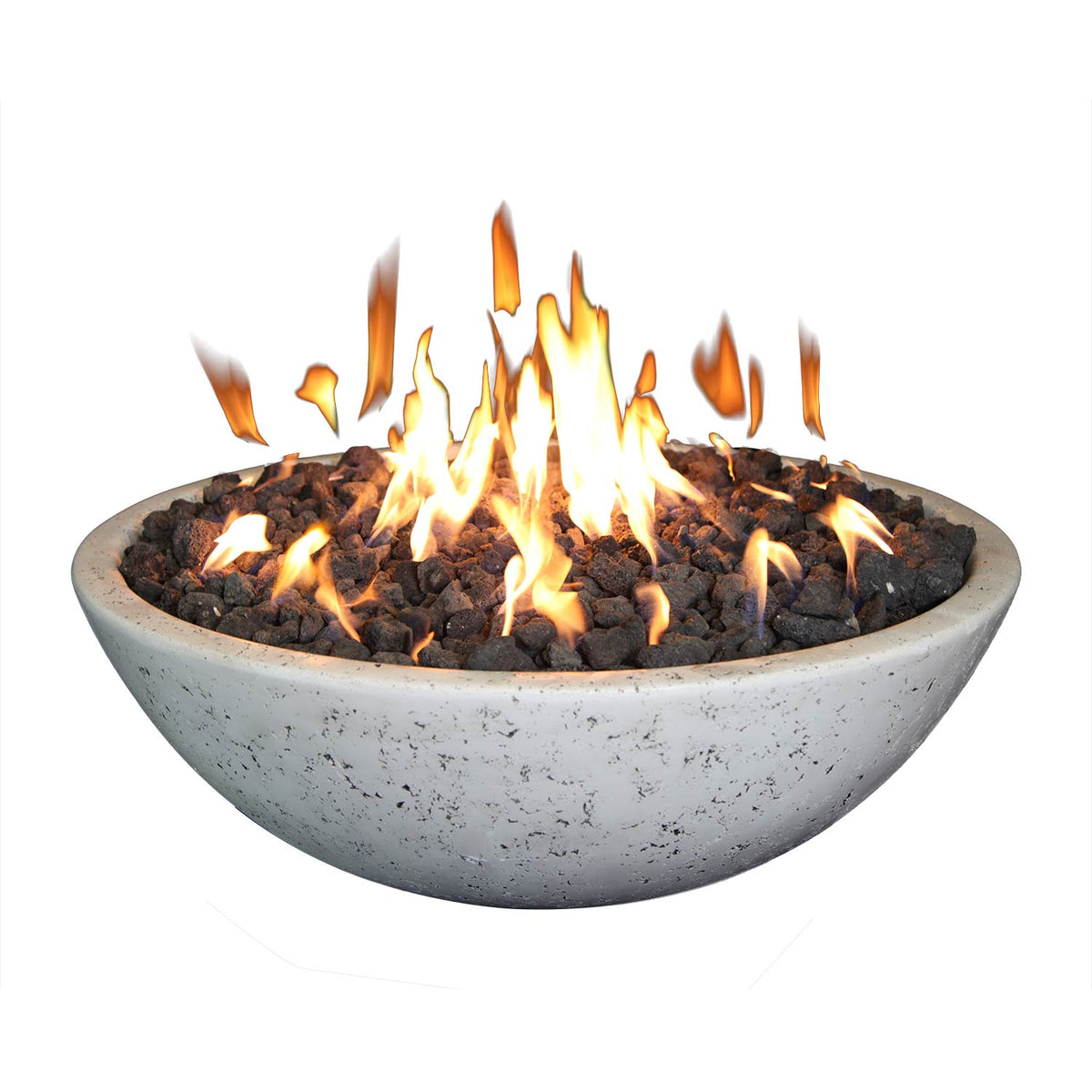 Gray concrete fire bowl with burning flames over dark lava rocks