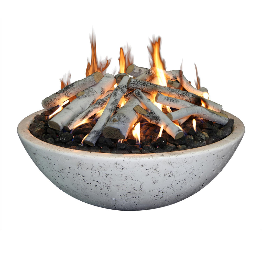 Concrete fire bowl with ring burner, gray fire bowl with logs and tall flames