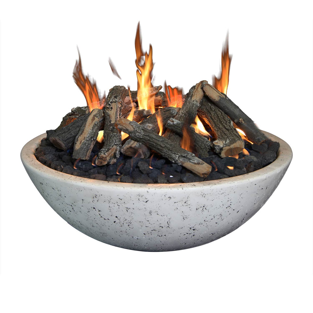 Gray concrete fire bowl with burning flames and dark logs over lava rocks