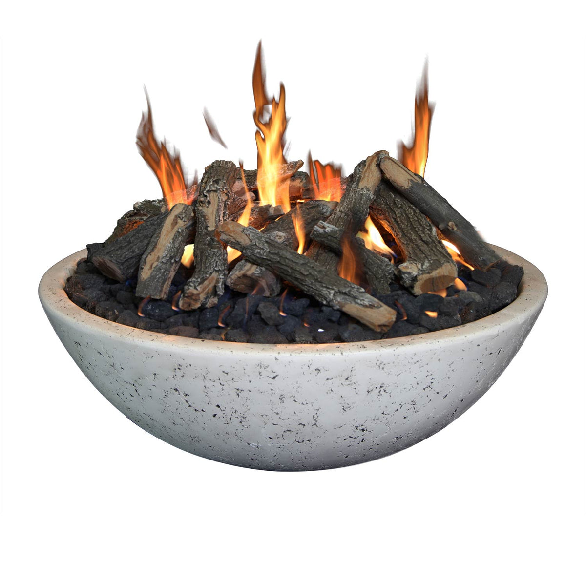 Gray concrete fire bowl with burning flames and dark logs over lava rocks