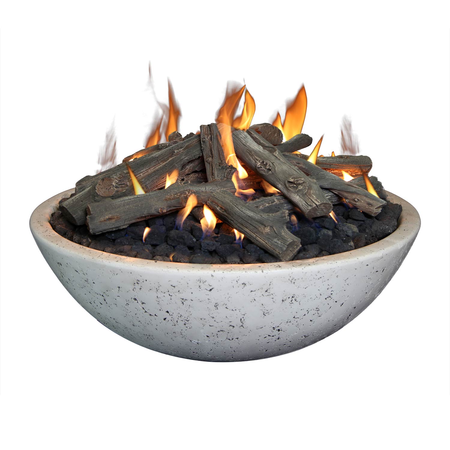 Gray concrete fire bowl with bright flames, charcoaled logs, and ring burner