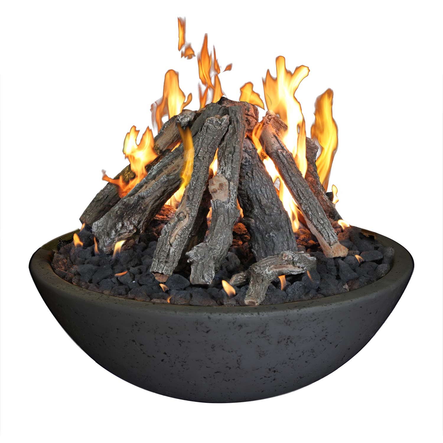 Concrete fire bowl with teepee log stack burning, gray logs with orange flames