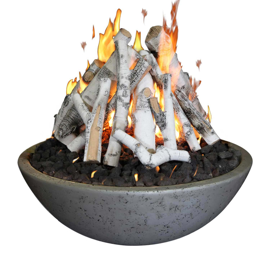 Gray concrete fire bowl with burning logs, black rocks, and orange flames