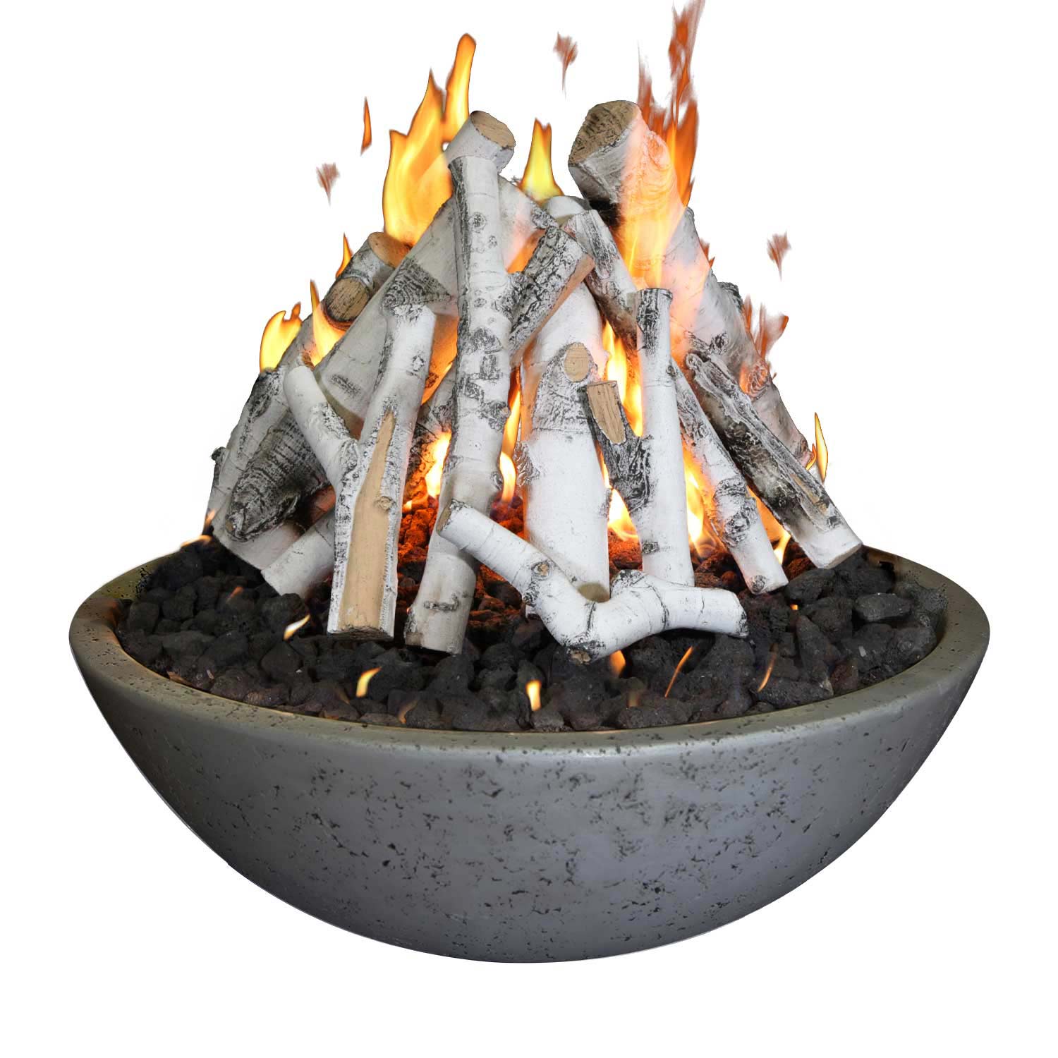 Gray concrete fire bowl with burning logs, black rocks, and orange flames