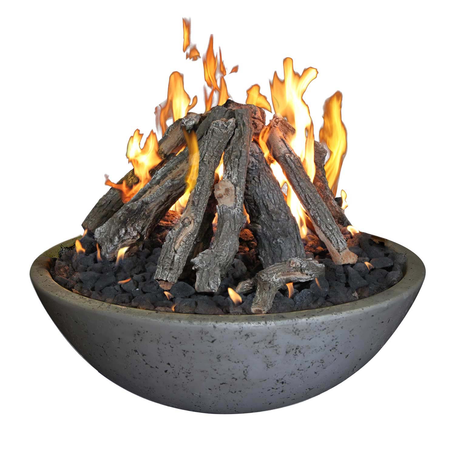 Concrete fire bowl with teepee wood log stack burning, orange flames and dark rocks