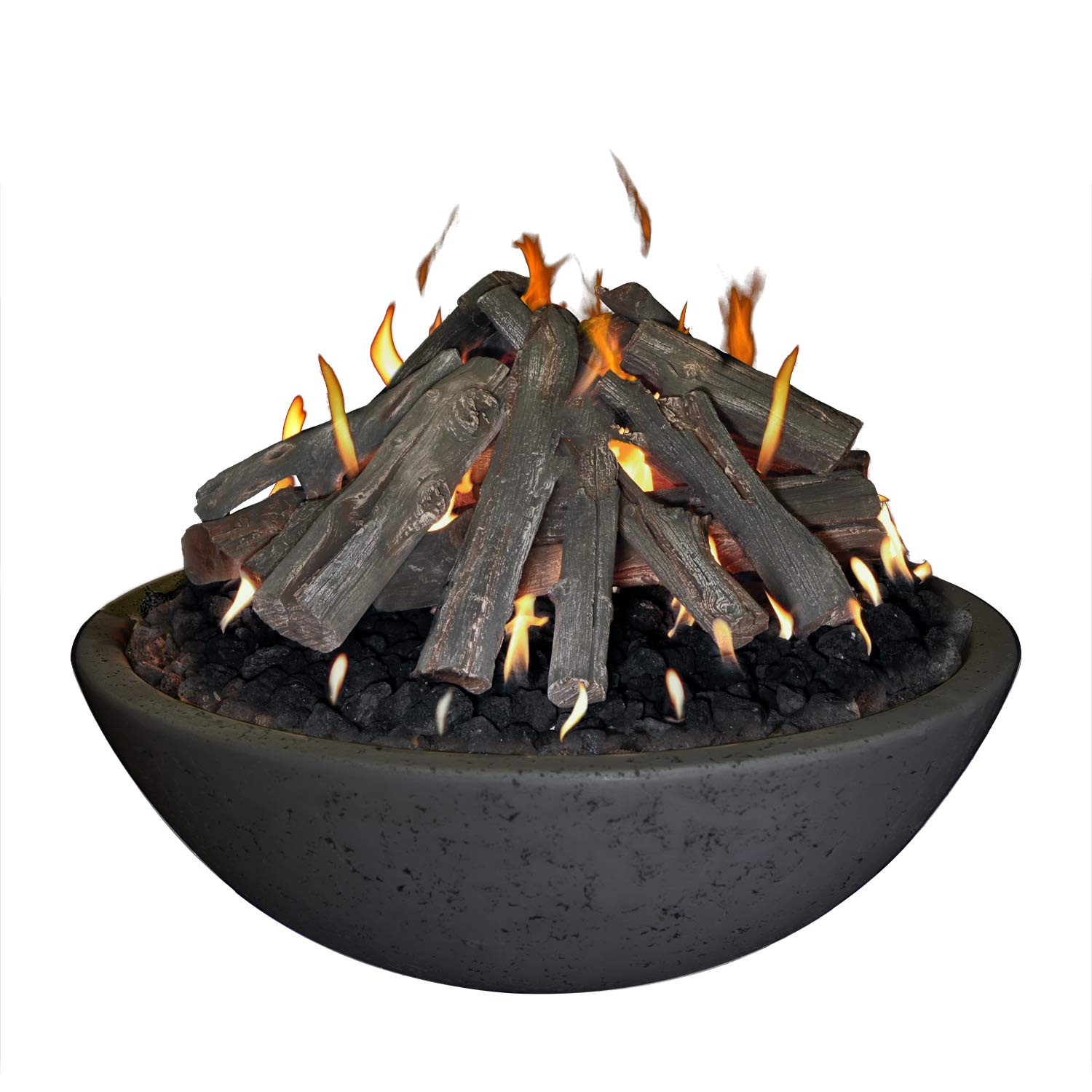Concrete fire bowl with teepee wood stack burning, gray logs and orange flames