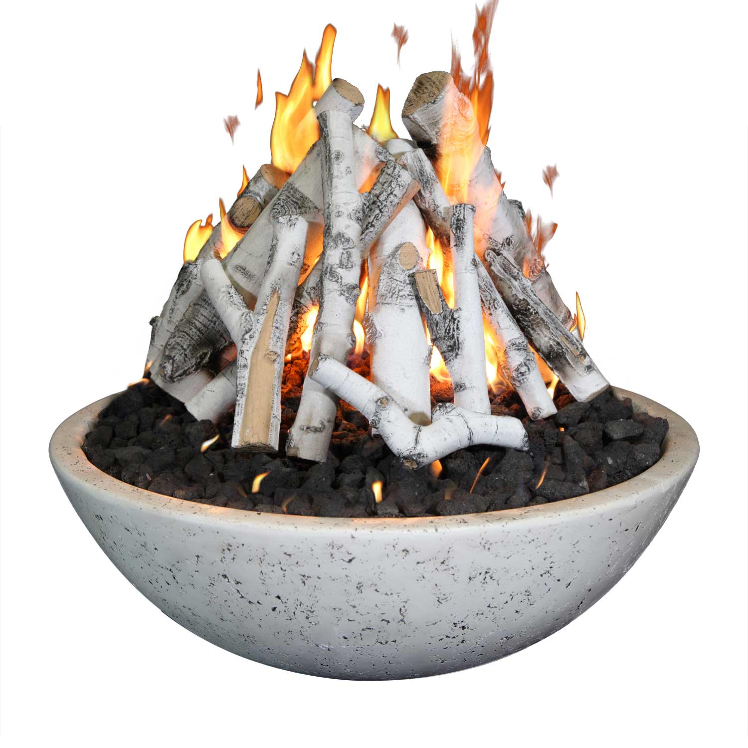 Gray concrete fire bowl with upright burning logs and orange flames on black rocks