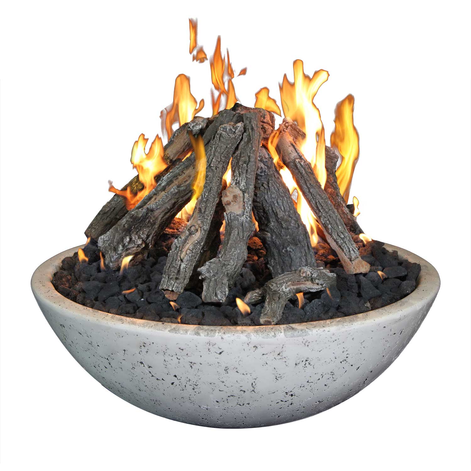 Concrete fire bowl with teepee wood log stack burning with orange flames