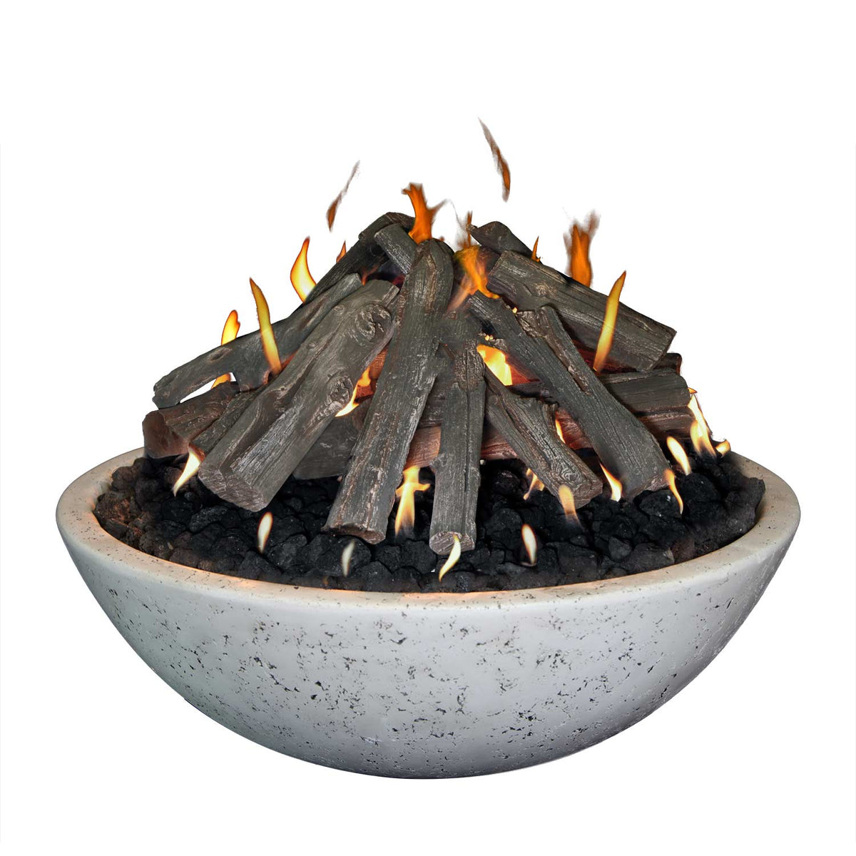 Gray concrete fire bowl with stacked firewood logs and orange flames