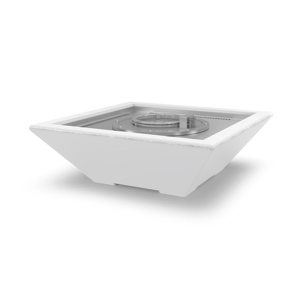 White concrete gas fire bowl with burner and control plate visible