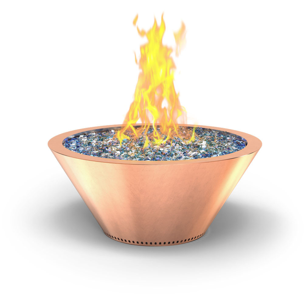 Copper round gas fire bowl with blue glass bed and tall burning flames