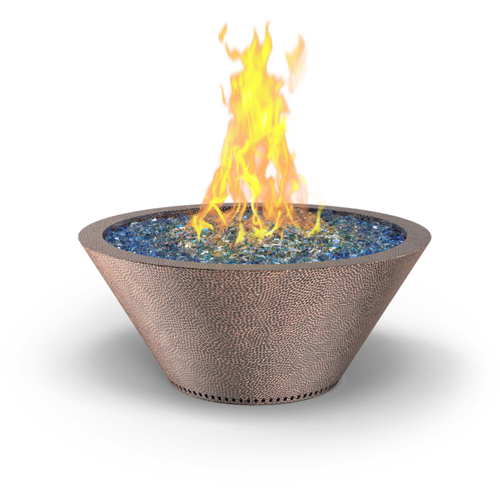 Hammered copper gas fire bowl with round lip, blue fire bed and tall flames