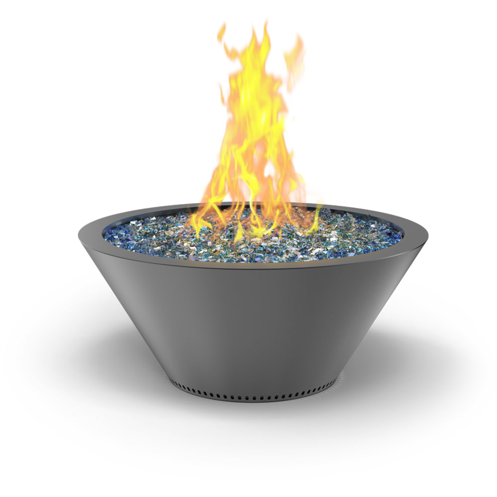 Round gas fire bowl with blue fire bed, yellow flames, dark gray finish