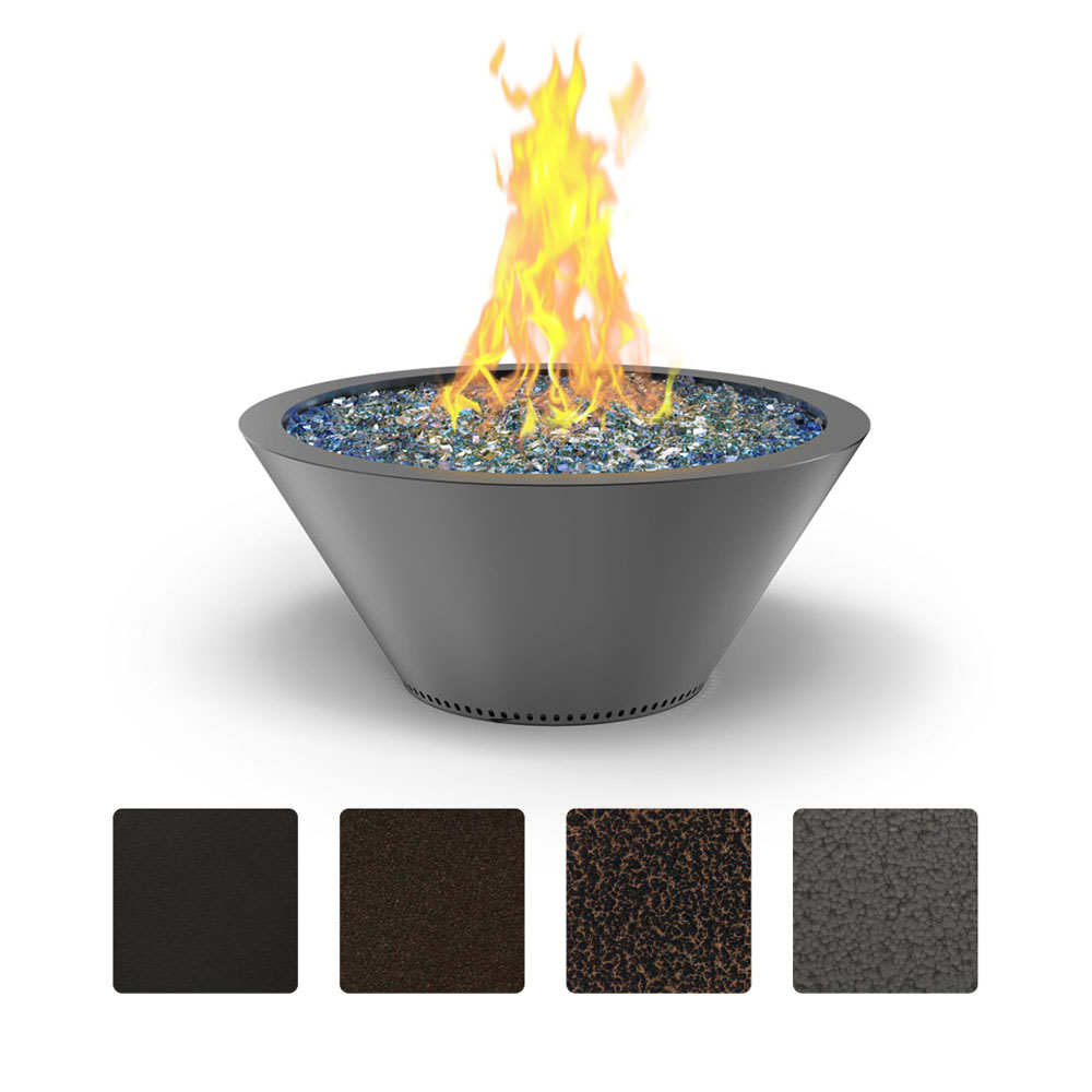 Round gas fire bowl with blue fire bed, yellow flames, dark finish