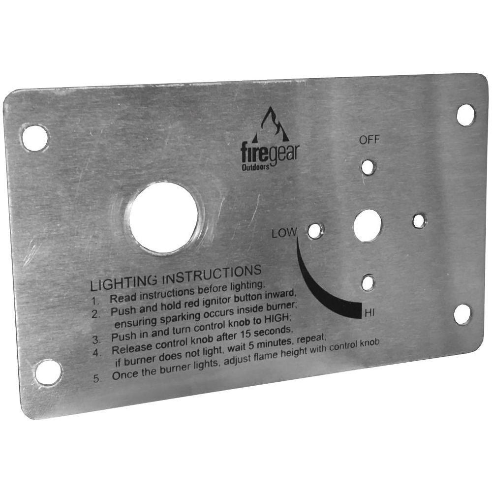 Stainless metal burner control faceplate with Firegear logo, knob labels LOW/HI/OFF